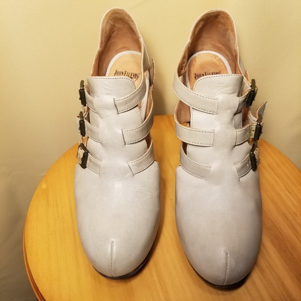 FLUEVOG Gray Farrah Sz 9.5 Adjustable Triple Strap Leather/Cork Wedge '70s Style - Picture 6 of 16